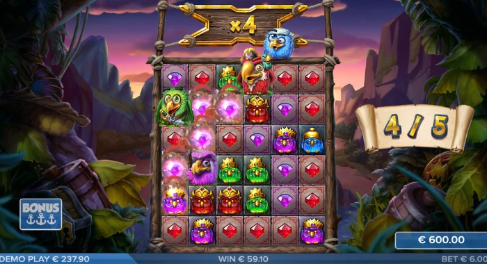 A jungle-themed slot game screen displays a 5x5 grid with bird and gem symbols, highlighting a 