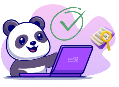 Cartoon panda working on a purple laptop with the Revpanda logo, a green checkmark above, and a stack of documents with a magnifying glass beside it.