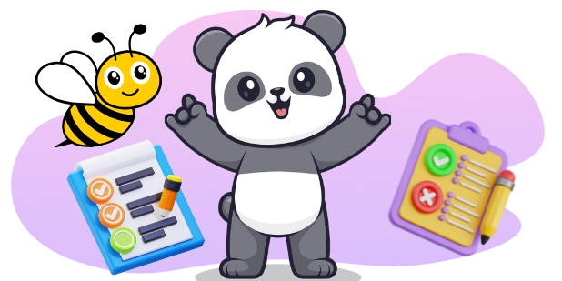 A cartoon illustration featuring a happy panda with outstretched arms, a smiling bee to its left, and two clipboards with checklists, one with a pencil and the other with checkmarks and an 'X', all against a gray and purple background.