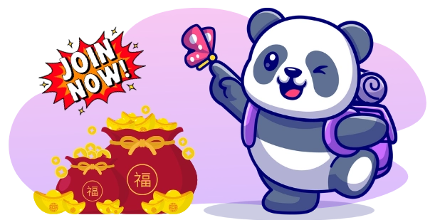 A cartoon panda with a backpack winks and holds out a hand towards a butterfly, with a red "JOIN NOW!" starburst and two red bags full of gold coins and sycees in the foreground, all against a gray and purple background.