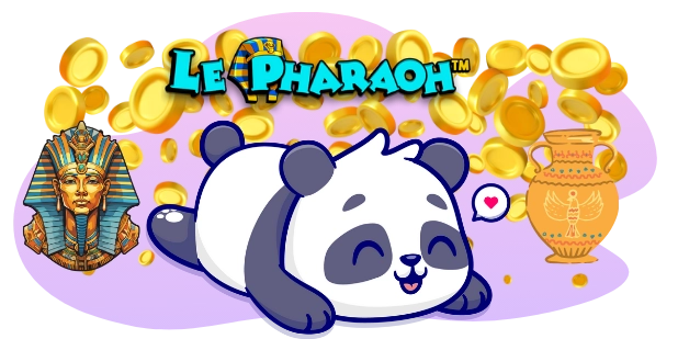 A cartoon panda lies happily surrounded by gold coins, with the "Le Pharaoh" logo and Egyptian-themed elements in the background, suggesting a fun and rewarding gaming experience.