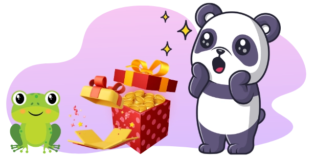 A surprised cartoon panda reacts to a gift box exploding with coins, next to a smiling green frog.