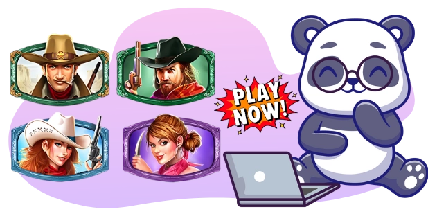 A cartoon panda wearing glasses sits thoughtfully with its hand to its chin, beside a laptop and the text "PLAY NOW!" in a red speech bubble, with four character portraits from the "Wild West Gold" slot game above, against a gray and purple background.