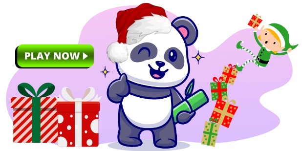 A cartoon panda wearing a Santa hat winks and gives a thumbs-up while holding a bamboo stalk, beside a green "PLAY NOW" button and a stack of Christmas gifts, with a small elf character juggling gifts in the background, all against a gray and purple background.