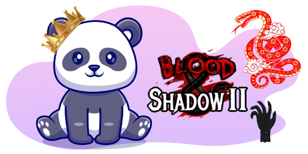 A cartoon panda wearing a golden crown sits beside the "Blood & Shadow II" logo, a red and white snake coiled above, and a dark shadowy hand reaching up from the bottom, all against a gray and purple background.