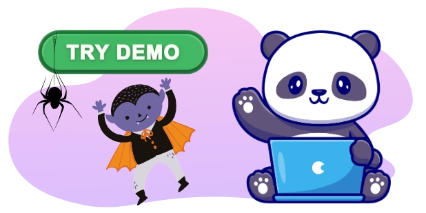 A cartoon panda sits at a blue laptop and waves, beside a green "TRY DEMO" button, a small vampire character with an orange cape, and a black spider dangling from above, all against a gray and purple background.