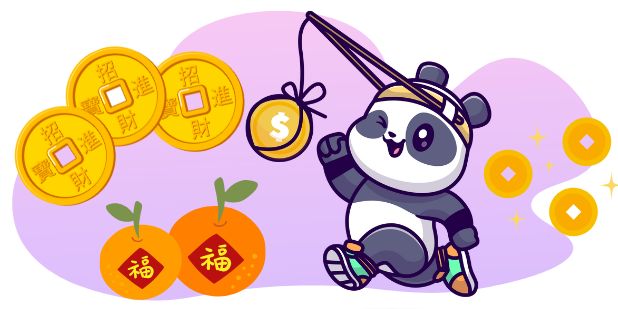 A cartoon-style illustration of a winking panda wearing a yellow hat and sneakers, holding a fishing rod with a dollar coin as bait, with several gold coins featuring Chinese characters, and two oranges with red "福" symbols on them, all against a gray and purple background.