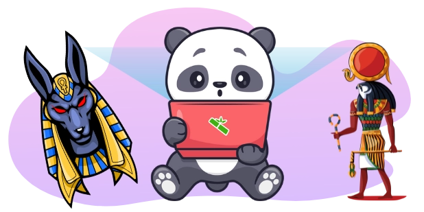 A cartoon-style image featuring a panda sitting and holding a red laptop with a green bamboo leaf symbol, flanked by a stylized Anubis head on the left and a standing Ra figure on the right, against a gray and purple background.