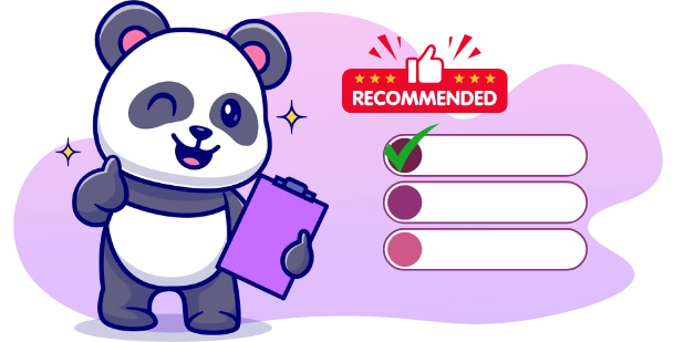 A winking cartoon panda gives a thumbs up next to a clipboard and a "Recommended" banner with checkmarks and stars.