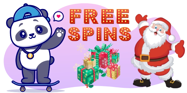 A festive illustration featuring a skating panda, Santa Claus, and "FREE SPINS" text with Christmas gifts.