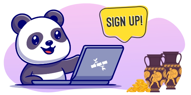 A cartoon panda sits at a laptop with a happy expression, beside a yellow speech bubble that says "SIGN UP!", with gold coins and two vases in the background, all against a gray and purple backdrop.