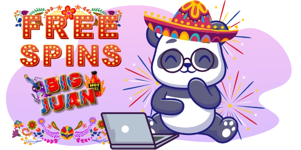 A cartoon image depicts a panda wearing a sombrero and sunglasses, sitting at a laptop with a "Free Spins" and "Big Juan" sign in the background, suggesting an online casino game promotion.