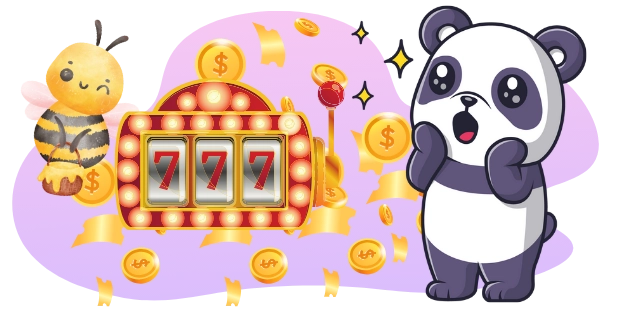 A cartoon panda reacts excitedly with an open mouth and raised hands to a slot machine displaying three "7" symbols, while a sad-looking bee clings to a '$' symbol and scattered coins, against a purple background.