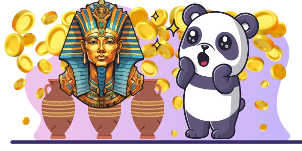 A cartoon image featuring a surprised-looking panda with its hand to its cheek, a golden pharaoh bust with a blue and gold headdress, two decorated vases, and a shower of gold coins against a gray and purple background.