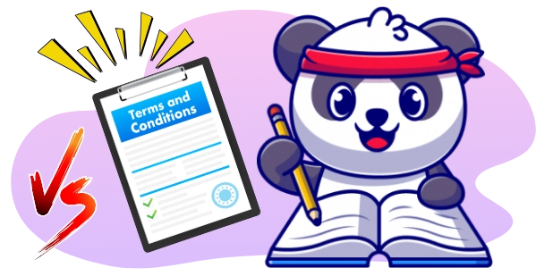 A cartoon panda wearing a red headband and holding a pencil sits with an open book, facing a clipboard with a "Terms and Conditions" document, with a red "VS" symbol in between.