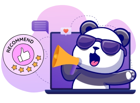 A cartoon panda wearing sunglasses sings into a megaphone, with a laptop, a speech bubble, a heart, and a 