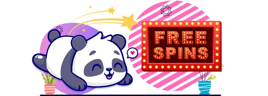 A happy cartoon panda lies next to a "FREE SPINS" sign, with shooting stars and decorative elements in the background.