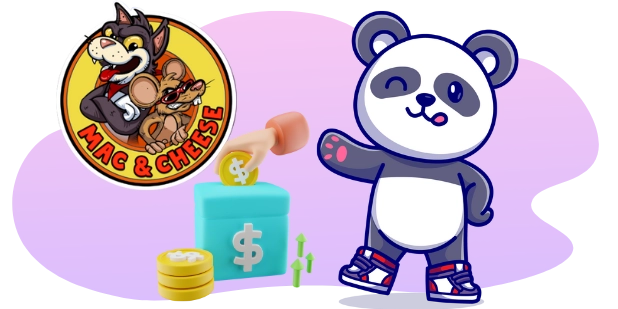 A winking cartoon panda gestures towards a logo featuring a cat and mouse with the text "Mac & Cheese," while a hand drops a coin into a box with a dollar sign and upward arrows.