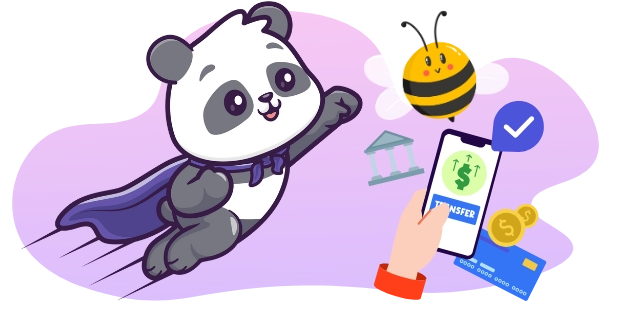 A cartoon illustration of a flying panda wearing a purple cape, with a bee beside it, and a hand holding a phone displaying a money transfer app with a checkmark, with a building icon, credit card, and coins in the background against a gray and purple backdrop.