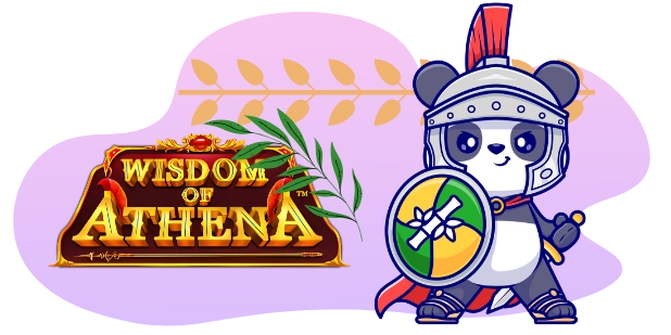 A cartoon panda dressed as a Greek warrior, wearing a helmet and holding a shield, stands next to the "Wisdom of Athena" logo, with a branch of olive leaves above, all against a gray and purple background.