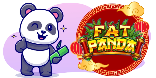 A cartoon panda winks and gives a thumbs-up while holding a bamboo stalk, next to the "FAT PANDA" logo in a golden frame with an Asian-inspired design, featuring red lanterns and clouds, all against a gray and purple background.