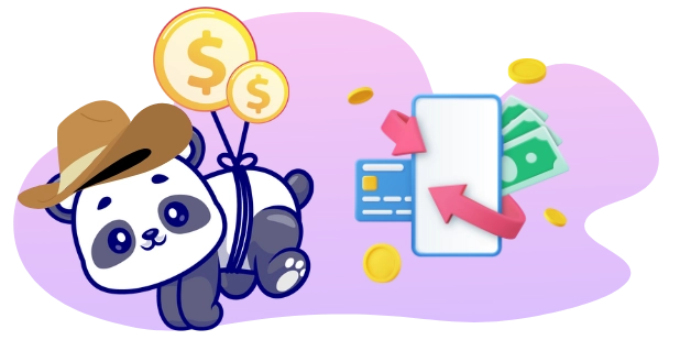 A cartoon panda wearing a brown cowboy hat is depicted in a side-lying pose, holding two gold coins with dollar signs on them, while to the right, a stylized representation of a phone, credit card, and cash are shown with arrows indicating a financial transaction, all against a gray and purple background.