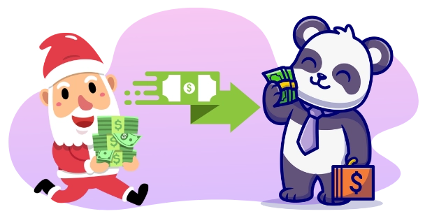 A cartoon Santa Claus runs while carrying a stack of money with dollar signs, passing a green arrow to a cartoon panda who is holding a smaller stack of money and a briefcase with a dollar sign, all against a gray and purple background.