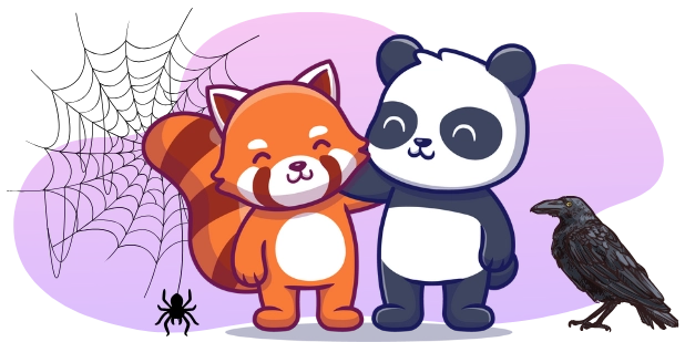 A cartoon illustration of a red panda and a panda standing side-by-side with their arms around each other, a spider web and spider to the left, and a black raven to the right, all against a gray and purple background.