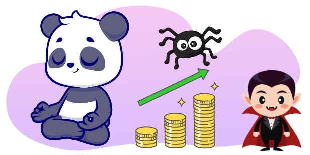 A cartoon panda meditates in a lotus position, with a black spider above a green arrow pointing towards a stack of gold coins, and a small vampire character in a red-lined cape standing to the right, all against a gray and purple background.