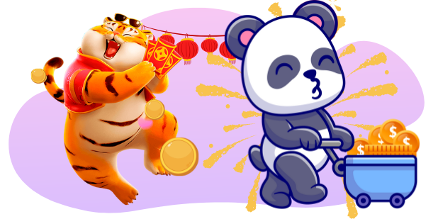 A cartoon tiger in sunglasses holds a red envelope, while a panda pushes a cart full of coins, against a gray and purple background.