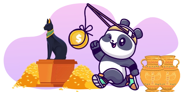 A cartoon-style image featuring a winking panda wearing a yellow hat and sneakers, holding a fishing rod with a dollar coin as bait, with a black cat on a pedestal to the left, and two ornate vases to the right, all against a gray and purple background.