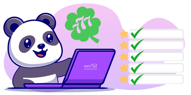 A happy cartoon panda sits at a purple laptop, giving a presentation with a lucky clover and five star ratings with checkmarks.