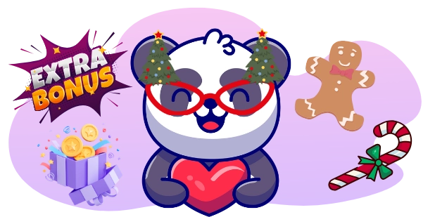 A happy cartoon panda wearing a Christmas tree headband and red glasses holds a red heart, with an "EXTRA BONUS" sign, a gift box overflowing with coins, a gingerbread man, and a candy cane in the background.