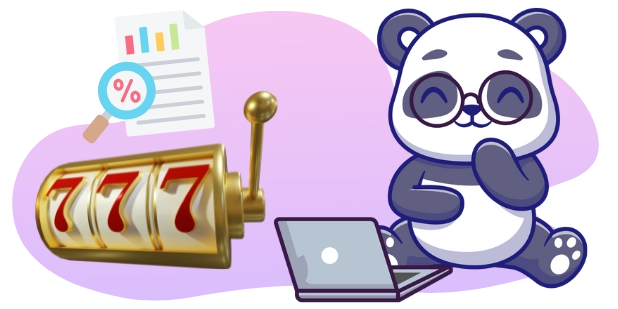 A cartoon panda wearing glasses sits with a laptop, contemplating a golden slot machine displaying 777 and a document with a percentage sign and bar graph, suggesting analysis of gambling odds or financial returns.