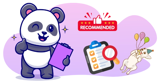 A cartoon panda gives a thumbs up next to a "RECOMMENDED" badge, holding a clipboard with a purple sheet of paper, with a checklist and magnifying glass nearby, and a small dog with balloons in the background.