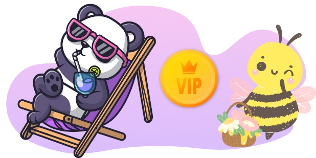 A cartoon panda wearing sunglasses relaxes in a beach chair with a drink, while a bee carrying a basket of flowers looks on near a VIP coin against a purple background.