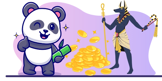 A cartoon depiction of a winking panda giving a thumbs-up while holding a green bamboo stalk, with a pile of gold coins beside it, and a stylized Anubis figure holding a staff and flail against a gray and purple background.