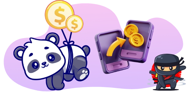 A cute cartoon panda holds two dollar coins on a string like balloons, while a phone displays coins being transferred to another phone, with a ninja panda in the corner.