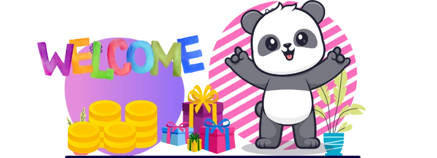 A cartoon panda gestures a welcome with both hands next to a "WELCOME" message in colorful letters, with stacks of coins and gift boxes at its feet.