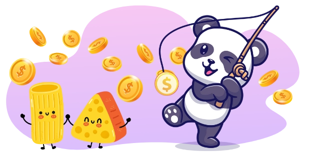 A cartoon panda fishes for dollar coins with a fishing rod, while a cartoon macaroni character and a piece of cheese with a face look on.