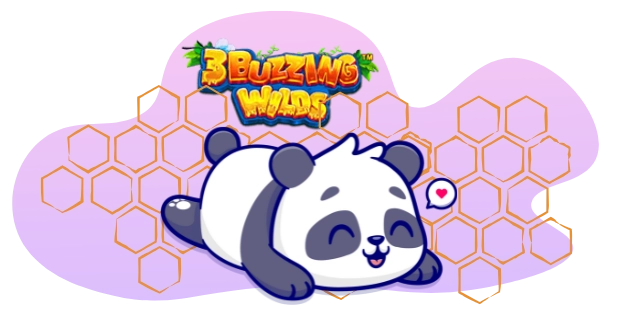 A cartoon-style image featuring a reclining panda with a contented expression and a small heart near its cheek, with the "3 Buzzing Wilds" logo above it, and a background of honeycomb or hexagonal shapes against a gray and purple backdrop.