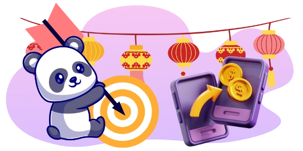 A cartoon panda aims an arrow at a yellow target, with a string of red and yellow lanterns hanging above, and two purple smartphones with gold coins and an upward arrow to the right, all against a gray and purple background.