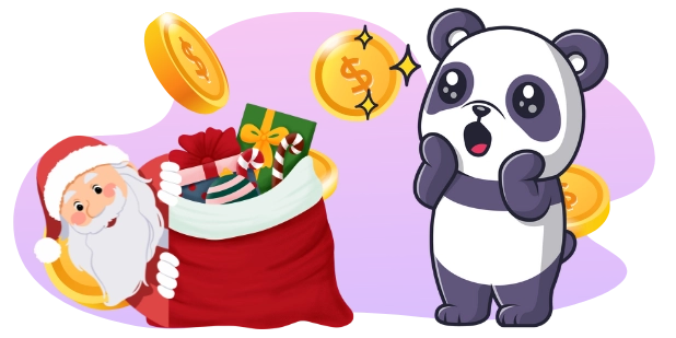 A cartoon panda with a surprised expression looks at a sack full of gifts and candy canes being held by a cartoon Santa Claus, with gold coins floating around, all against a gray and purple background.