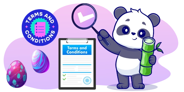 A cartoon panda holds a magnifying glass with a purple checkmark over a clipboard labeled "Terms and Conditions", next to a round seal with the same text and a checklist, with two Easter eggs in the lower left corner and a bamboo stalk in the panda's other hand, all against a gray and purple background.