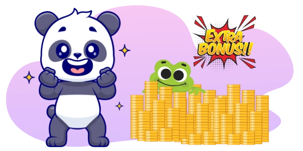 A happy cartoon panda gestures excitedly next to a pile of gold coins and a "EXTRA BONUS!!" sign, with a small frog peeking out from behind the coins.