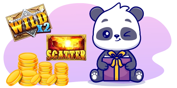 A cartoon panda winks and sits holding a gift with a purple bow, with a "WILD x2" symbol and a "SCATTER" symbol above a stack of gold coins to the left, all against a gray and purple background.