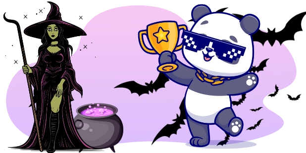 A cartoon-style illustration features a green-skinned witch in a tall black hat and purple dress, standing to the left with a gnarled staff, next to a bubbling cauldron, while on the right a cool panda wearing sunglasses and a gold chain holds up a trophy with a star, with bat silhouettes in the background against a gray and purple backdrop.