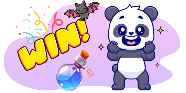 A cartoon panda with a happy expression clenches its fists in excitement, with a "WIN!" sign, a potion bottle, and a small bat above, all against a gray and purple background with sparkling stars and confetti.