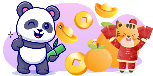 A winking panda holds a bamboo stalk, while a tiger in a red suit holds red envelopes, with gold coins, ingots, and an orange fruit in the background, against a gray and purple backdrop.