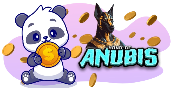 A cartoon-style image featuring a sitting panda holding a gold coin with a dollar sign, with a stylized Anubis figure on the right and the text "HAND OF ANUBIS" in a graffiti-style font, all against a gray and purple background with scattered gold coins.